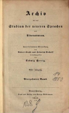 Archiv für das Studium der neueren Sprachen und Literaturen. 14, 14 = Jg. 8. 1853