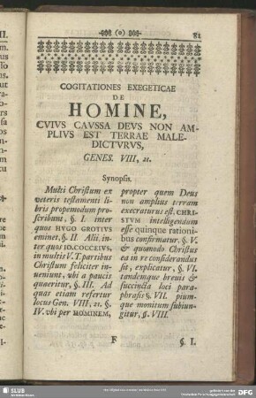 Gogitationes Exegeticae De Homine, Cuius Caussa Deus Non Amplius Est Terrae Maledicturus, Genes. VIII, 21.