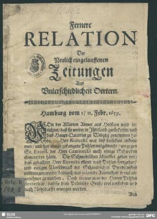 Fernere Relation der neulich eingelauffenen Zeitungen aus unterschiedlichen Oertern