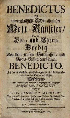 Benedictus, Ein ... Gott-ähnlicher Weltkünstler : d.i. Lob- und Ehren-predig