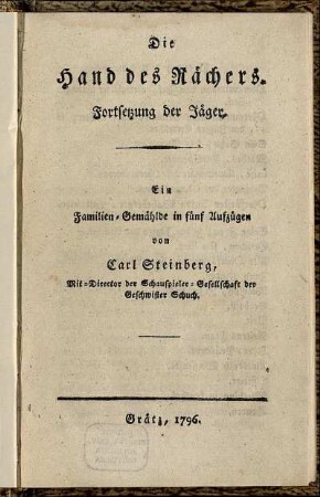 Die Hand des Rächers : Fortsetzung der Jäger ; Ein Familien-Gemählde in fünf Aufzügen