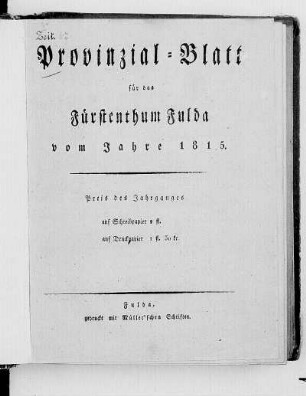 1815: Provinzial-Blatt für das Großherzogthum Fulda
