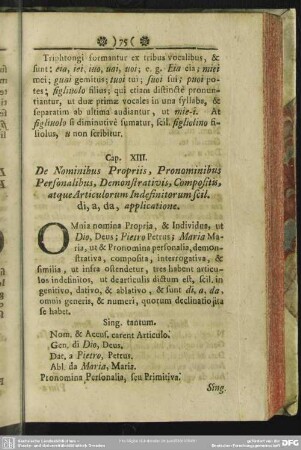 Cap. XIII. De Nominibus Propriis, Pronominibus Personalibus, Demonstrativis, Compositis, atque Articulorum Indefinitorum scil di, a, da, applicatione