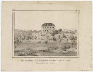 Ansicht vom Pestalozzi-Stift in Dresden-Löbtau, Lithographie, ab 1837 : Das Pestalozzi-Stift in Dresden vor dem Löbtauer Thore : Waisenerziehungs- und Rettungshaus. - [S.l.] , [ab 1837]. - 1 Kunstbl. : Stich ; 23 x 17 cm