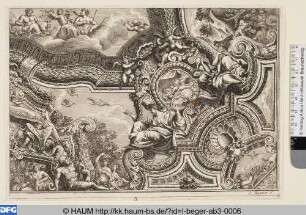 Plafondsecke mit schwerem Rahmen, Medaillons, Allegorien und Gemäldefeldern