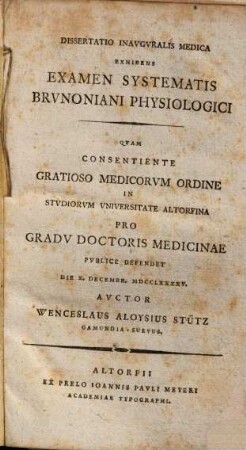 Dissertatio Inavgvralis Medica Exhibens Examen Systematis Brvnoniani Physiologici