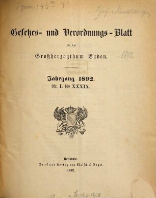Gesetzes- und Verordnungs-Blatt für das Großherzogthum Baden. 1892