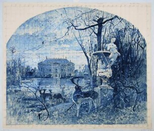 Das Palais im Großen Garten in Dresden von Osten über den Palaisteich, im Vordergrund Hirsche und die Üppigkeitsvase von Antonio Corradini, quadrierte Vorzeichnung für Wandbild im Victoriahaus