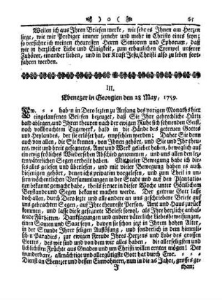 III. Ebenezer in Georgien den 28. May, 1759