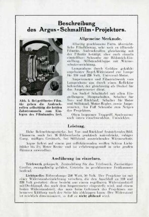Beschreibung des Argus-Schmalfilm-Projektors, 1932