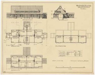 Musterhäuser für Kleinsiedlungen: Gruppenhaus Holzbau mit Vorderansicht und Seitenansicht, Grundrisse von Kellergeschoss, Erdgeschoss und Obergeschoss 1:100