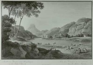 Ansicht von Schandau nebst Umgebung in der Sächsischen Schweiz : Landschaft mit Ziegenherde, Radierung, 19. Jh.