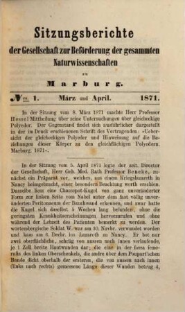 Sitzungsberichte der Gesellschaft zur Beförderung der Gesamten Naturwissenschaften zu Marburg, 1871