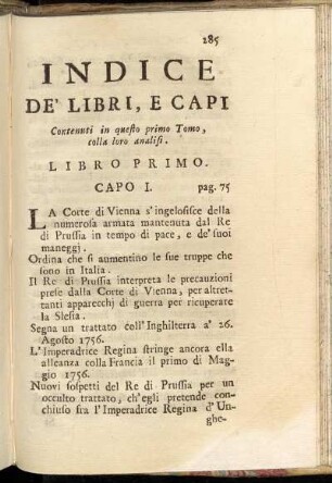 Indice De Libri, E Capi Contenuti in questo primo Tomo, colla loro analisi. Libro Primo.