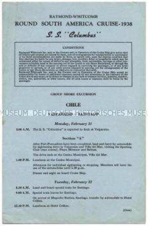 Ausflugsprogramm von der Südamerika-Rundreise auf der "Columbus" für den Aufenthalt in Chile (englisch) - Nachlass
