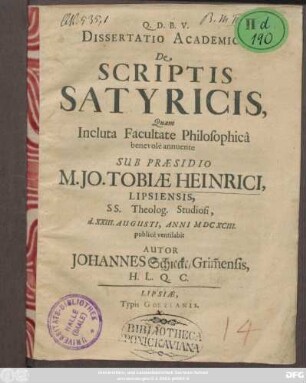 Dissertatio Academica De Scriptis Satyricis