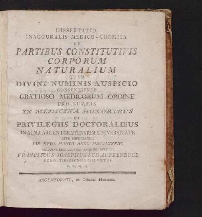 Dissertatio Inauguralis Medico-Chemica De Partibus Constitutivis Corporum Naturalium