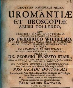 Disputatio Inauguralis Medica De Uromantiae Et Uroscopiae Abusu Tollendo