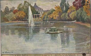 Postkartenalbum. "Karlsruhe, Stadtgarten, Schwanensee". Stadtgarten und Stadtgartensee