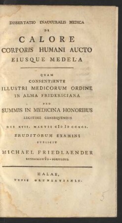 Dissertatio Inauguralis Medica De Calore Corporis Humani Aucto Eiusque Medela