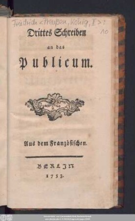 Drittes Schreiben: Troisième Lettre Au Public