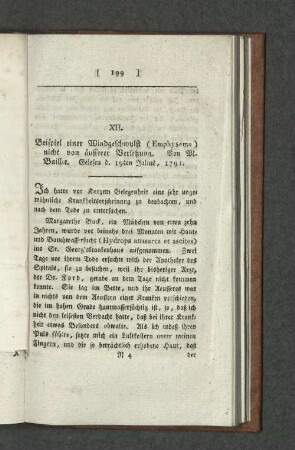 XII. Beispiel einer Windgeschwulst (Emphysem) nicht von äusserer Verletzung. Von M. Baillie.