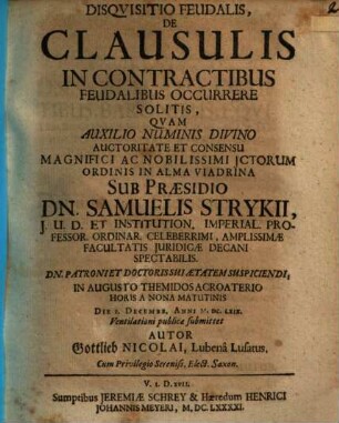 Disqvisitio Feudalis, De Clausulis In Contractibus Feudalibus Occurrere Solitis