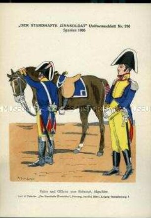 Uniformdarstellung, Reiter und Offizier des Reiter-Regiments "Algarbien", Königreich Spanien, 1806.