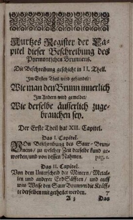 Kurtzes Register der Capitel dieser Beschreibung des Pyrmontischen Brunnens