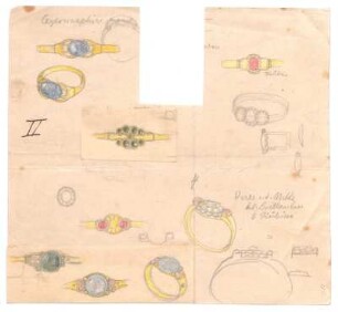 Schmuckentwürfe : Fingerringe und Ketten mit Anhänger, meist mit Schmucksteinen; handschriftliche Anmerkungen