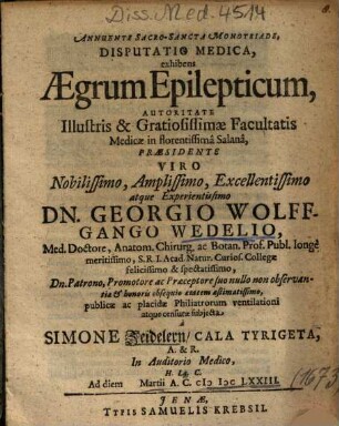 Disputatio Medica, exhibens Aegrum Epilepticum
