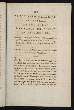 225-272, Sur la Population des États en Général, et sur celle des États Prussiens en Particulier, ...