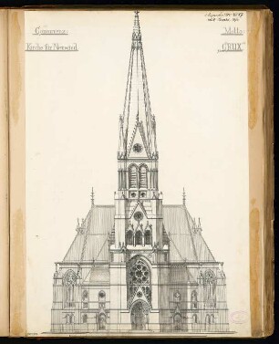 Evangelische Kirche, Neuwied Monatskonkurrenz September 1880: Aufriss Südwestansicht (mit Turm); Maßstabsleiste