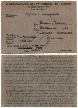 Vordruck-Postkarte von Harald von Koenigswald aus dem Kriegsgefangenenlager Metz an seinen Sohn - Familienkonvolut