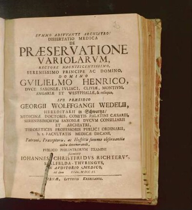 Dissertatio Medica De Præservatione Variolarvm