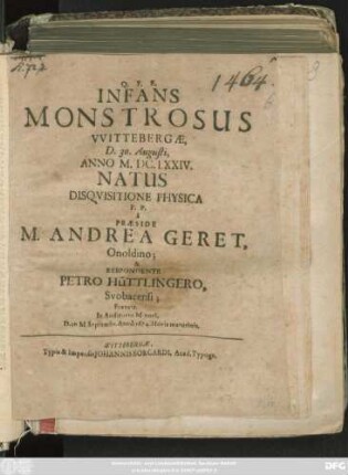 Infans Monstrosus Wittebergae, D. 30. Augusti, Anno M.DC.LXXIV. Natus
