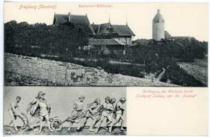 Freyburg. Restaurant Edelacker, rechts Bergfried Dicker Wilhelm