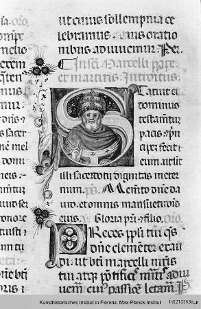 Missale Romanum : Textseite mit historisierter Initiale S: Papst Marcellus und ornamentierter Initiale P
