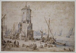 Hafenansicht mit achteckigem Turm und Segelbooten