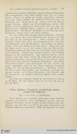 Ueber richtigen Vergleich verschiedener photographischer Objective