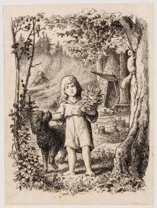 Kleiner Junge mit einem Hund im Walde bei einer Hütte