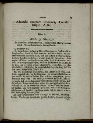 Adiuncta quaedam Conclusa, Consilii Imper. Aulic. : [Nro. I - Nro. XIII]