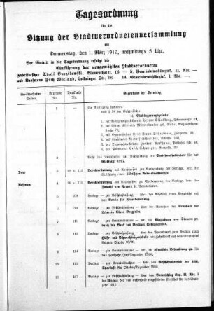 Anlage: Tagesordnung für die Sitzung, 24. Februar 1917