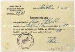 Bescheinigung über die Registrierung beim Ernährungsamt