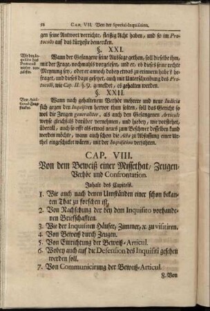 Cap. VIII. Von dem Beweiß einer Missethat / Zeugen-Verhör und Confrontation.