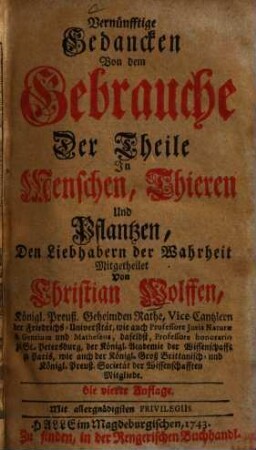 Vernünfftige Gedancken Von dem Gebrauche Der Theile In Menschen, Thieren Und Pflantzen