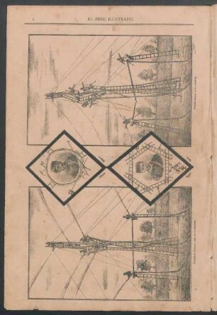 [Representación gráfica del accidente en la pirámide de escaleras de la Compañía de Bomberos "Roma", el día 28 de Agosto de 1887.] : [Vista de la] Pirámide de Escaleras antes [y] después de la catástrofe[, con retratos de dos de los bomberos fallecidos,] Filiberto Mólgora [y] Ángelo Solari.