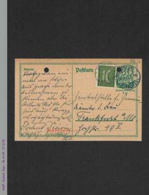Postkarte von Gertrud Dreising an die Zentralstelle für Gemeindeämter der Frau