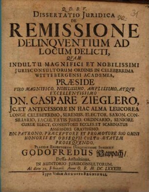 Diss. iur. de remissione delinquentium ad locum delicti