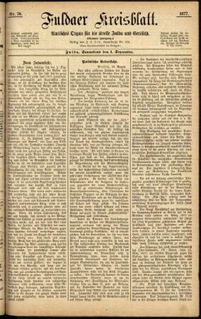 Erste Ausgabe vom Samstag, den 01. September 1877.